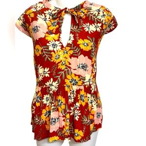 NWT Free Assembly Floral SL Tie Neck Top Medium *Autumn Vibes *